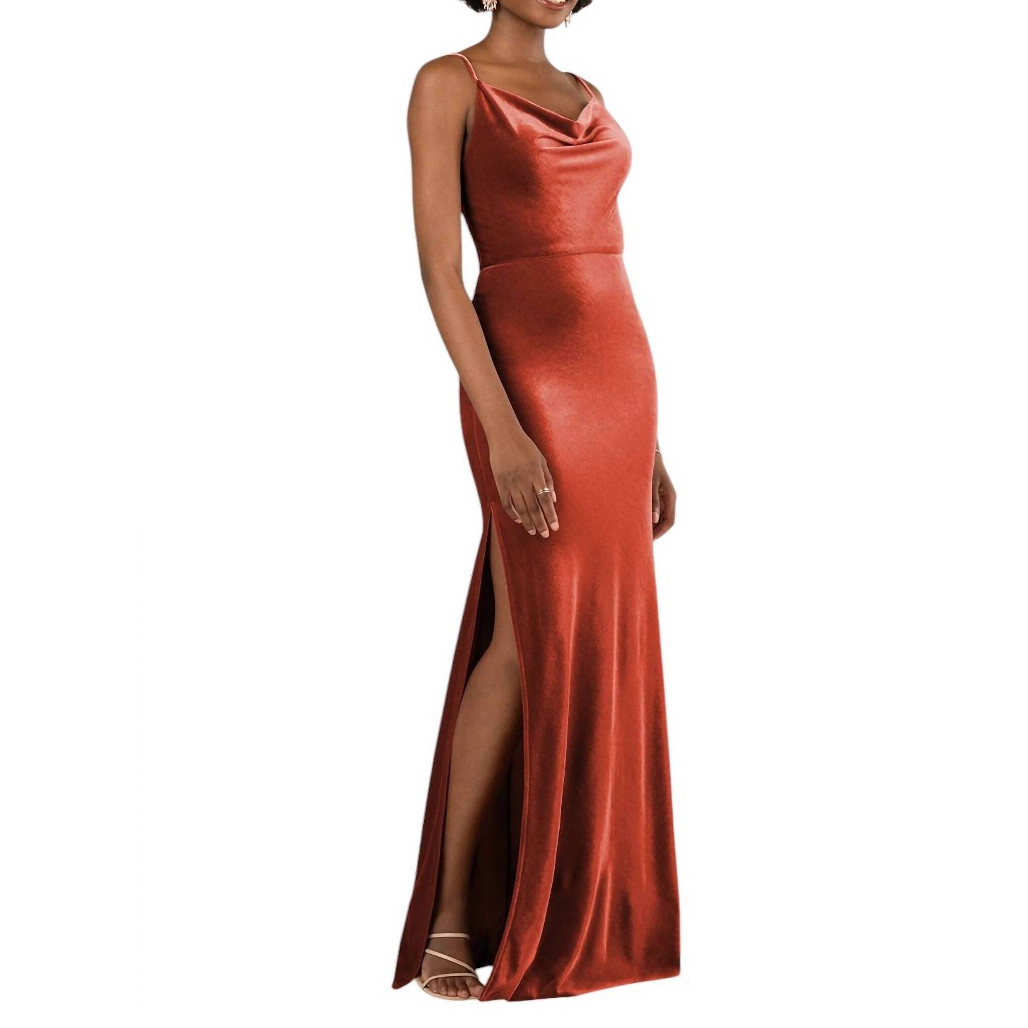 New Sorella Vita Floor-Length Velvet Bridesmaid Dress With Cowl Neck And Spaghet